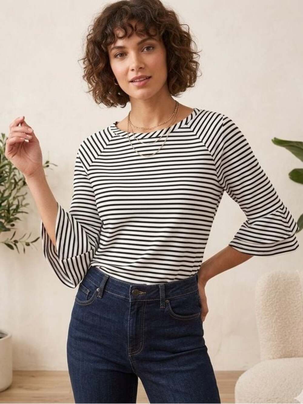 Rafaella Black White Striped Boatneck Bell Sleeve Blouse Top Sz L Small